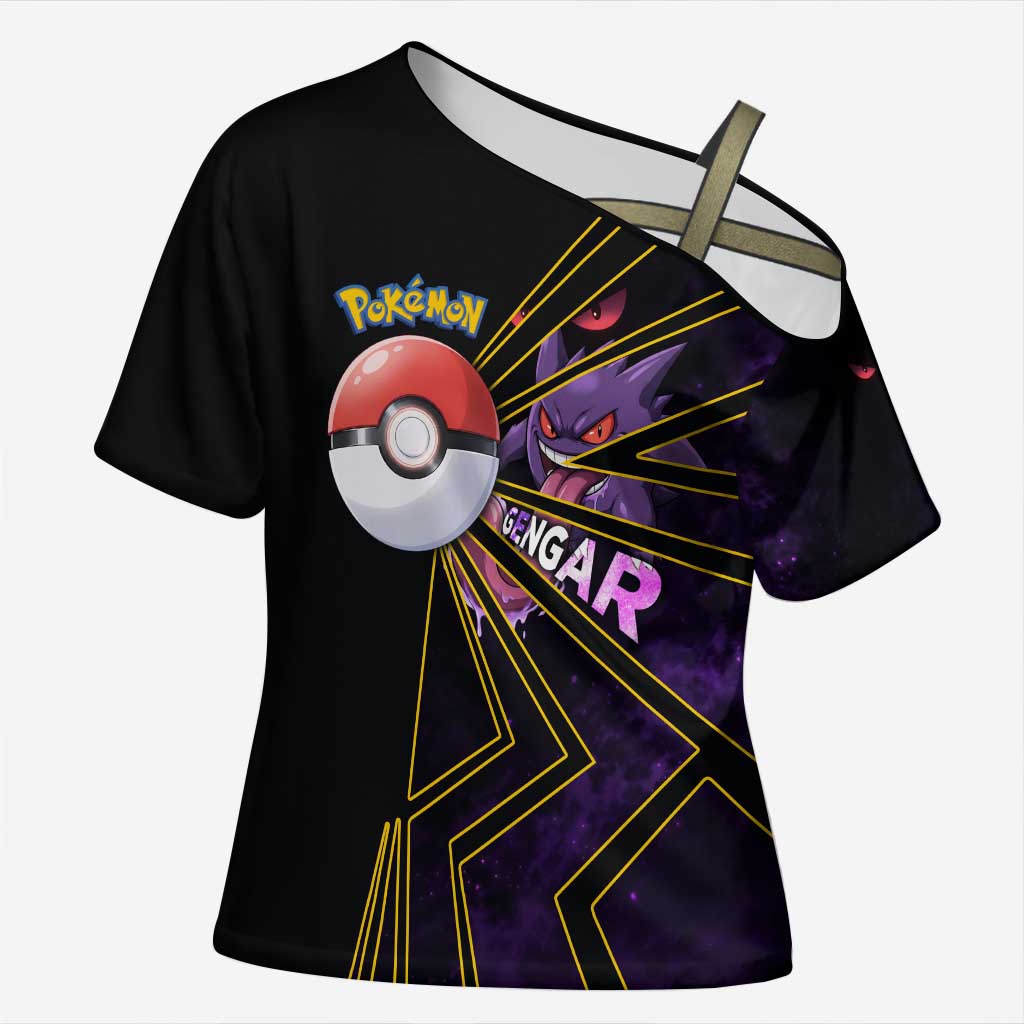 Gengar Poké Cross Shoulder Shirt Neon Shadow Comic Style