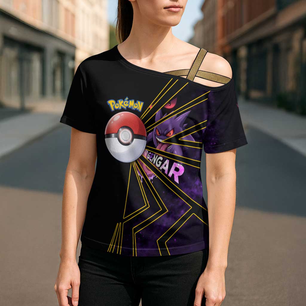 Gengar Poké Cross Shoulder Shirt Neon Shadow Comic Style