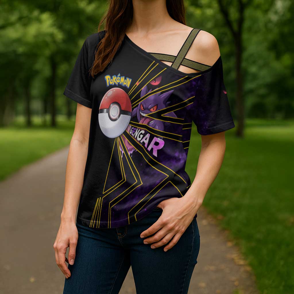 Gengar Poké Cross Shoulder Shirt Neon Shadow Comic Style