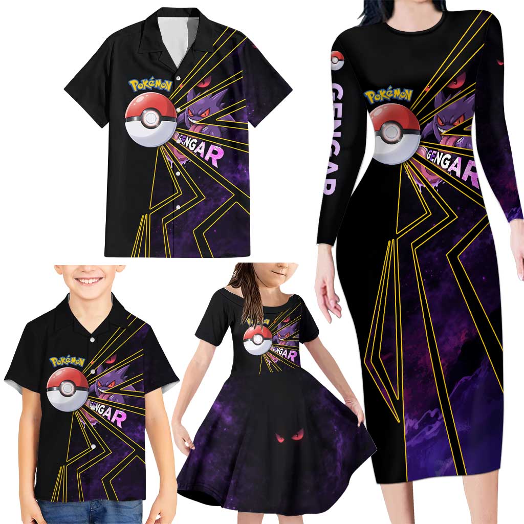 Gengar Poké Family Matching Long Sleeve Bodycon Dress and Hawaiian Shirt Neon Shadow Comic Style