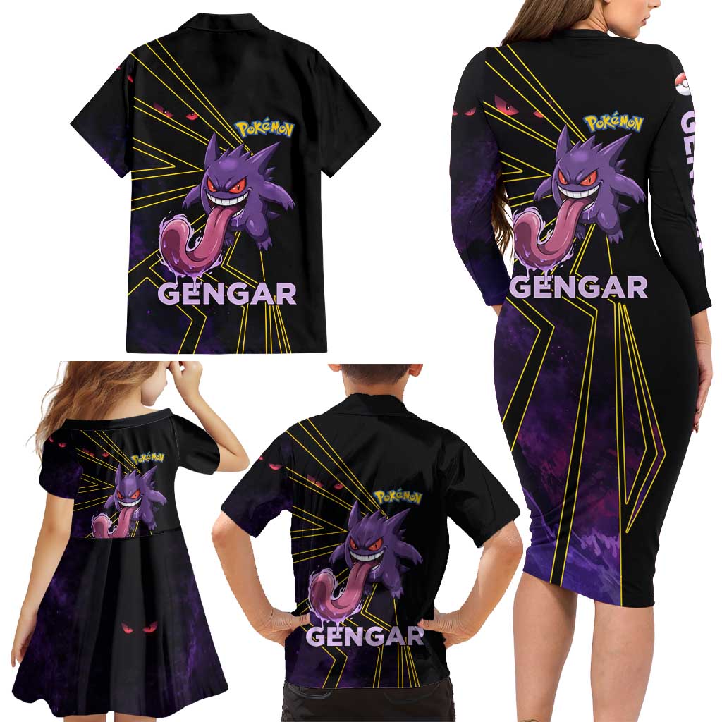 Gengar Poké Family Matching Long Sleeve Bodycon Dress and Hawaiian Shirt Neon Shadow Comic Style