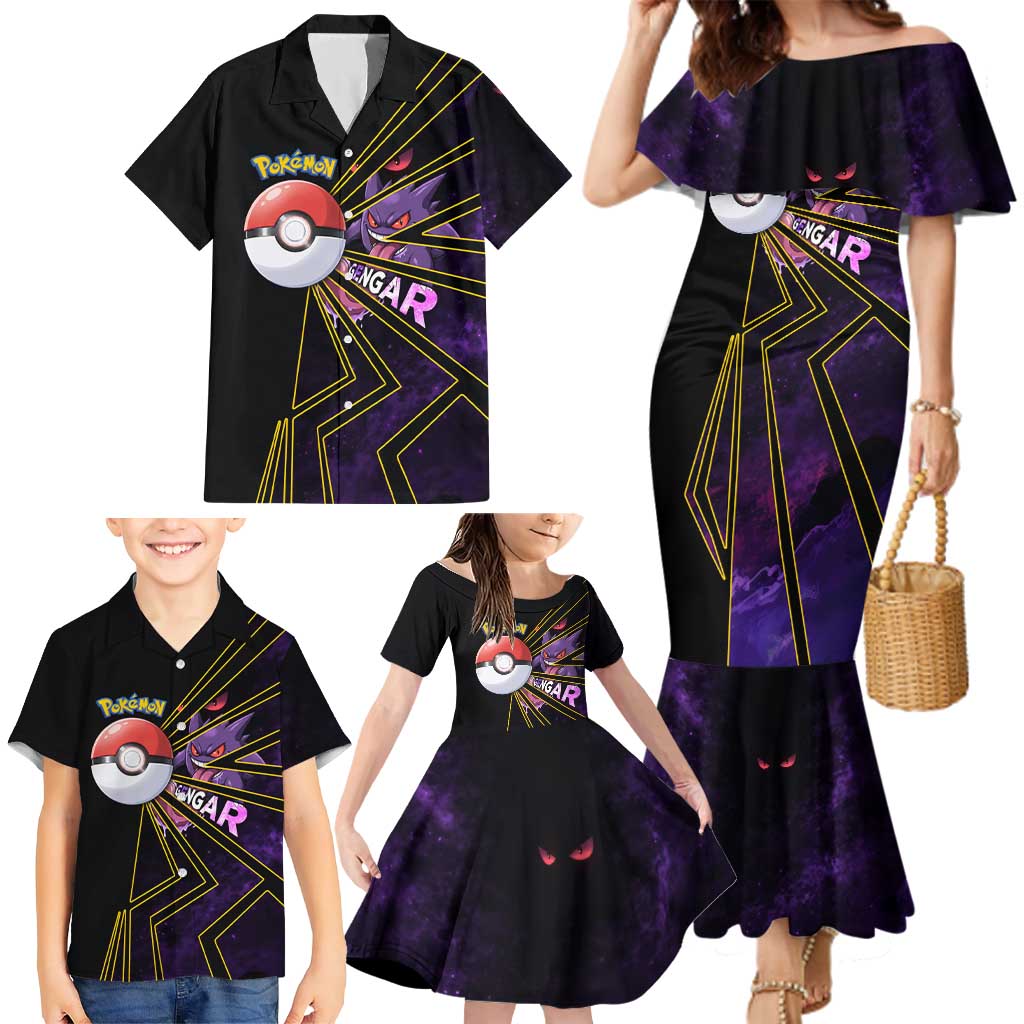 Gengar Poké Family Matching Mermaid Dress and Hawaiian Shirt Neon Shadow Comic Style
