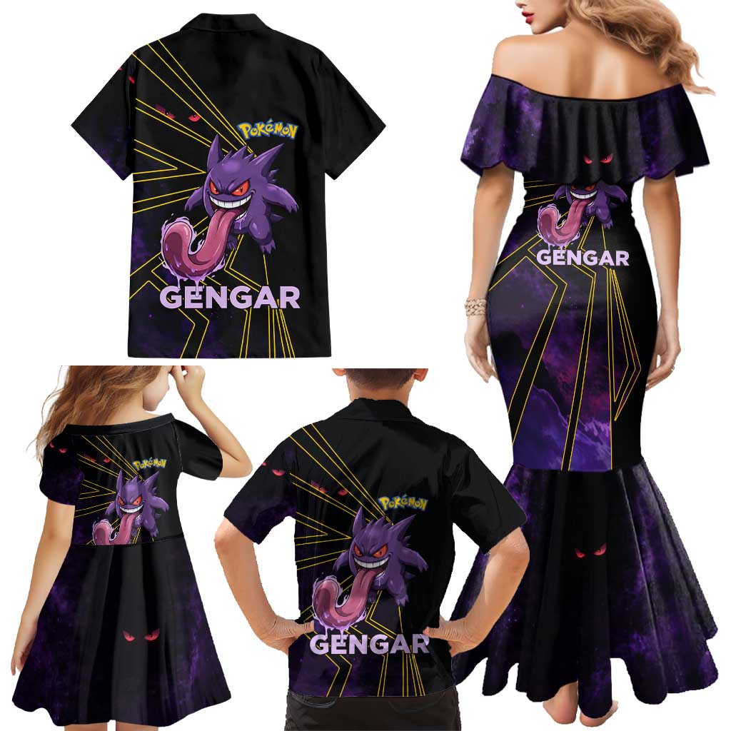 Gengar Poké Family Matching Mermaid Dress and Hawaiian Shirt Neon Shadow Comic Style
