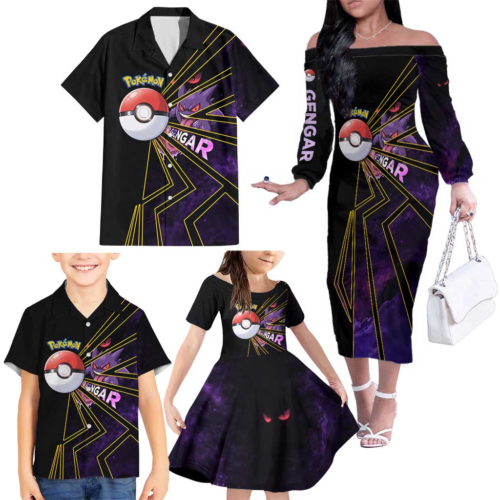Gengar Poké Family Matching Off The Shoulder Long Sleeve Dress and Hawaiian Shirt Neon Shadow Comic Style
