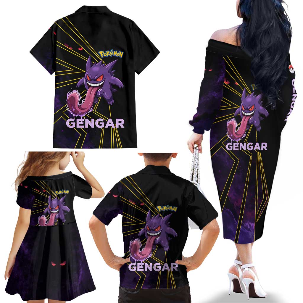 Gengar Poké Family Matching Off The Shoulder Long Sleeve Dress and Hawaiian Shirt Neon Shadow Comic Style