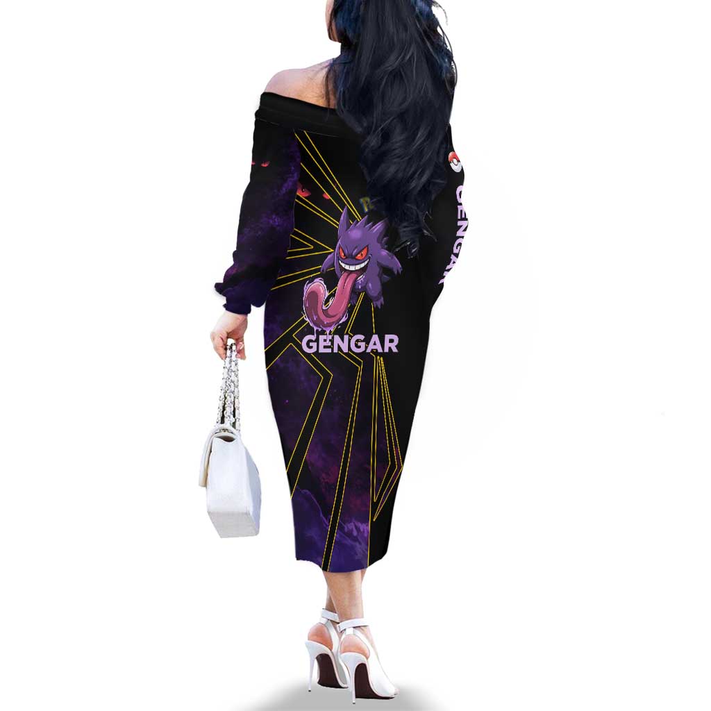 Gengar Poké Family Matching Off The Shoulder Long Sleeve Dress and Hawaiian Shirt Neon Shadow Comic Style