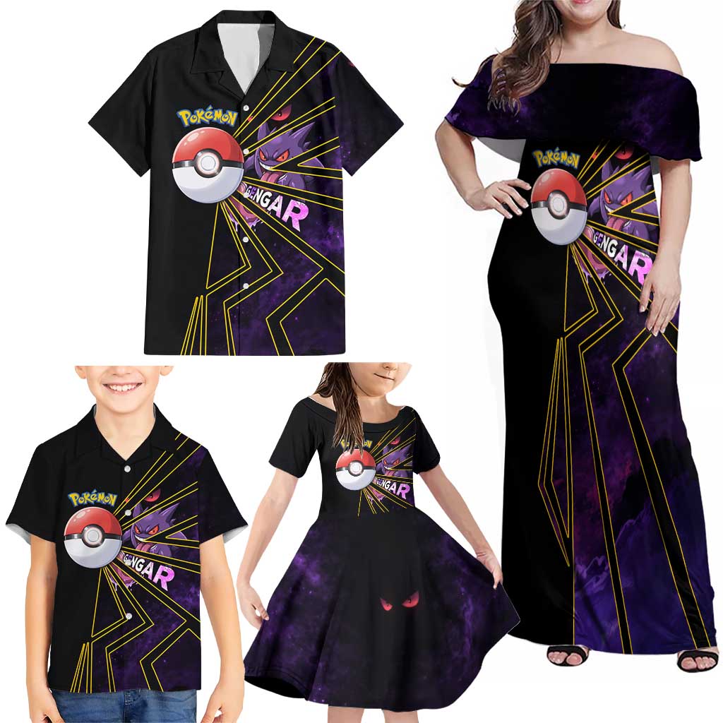 Gengar Poké Family Matching Off Shoulder Maxi Dress and Hawaiian Shirt Neon Shadow Comic Style
