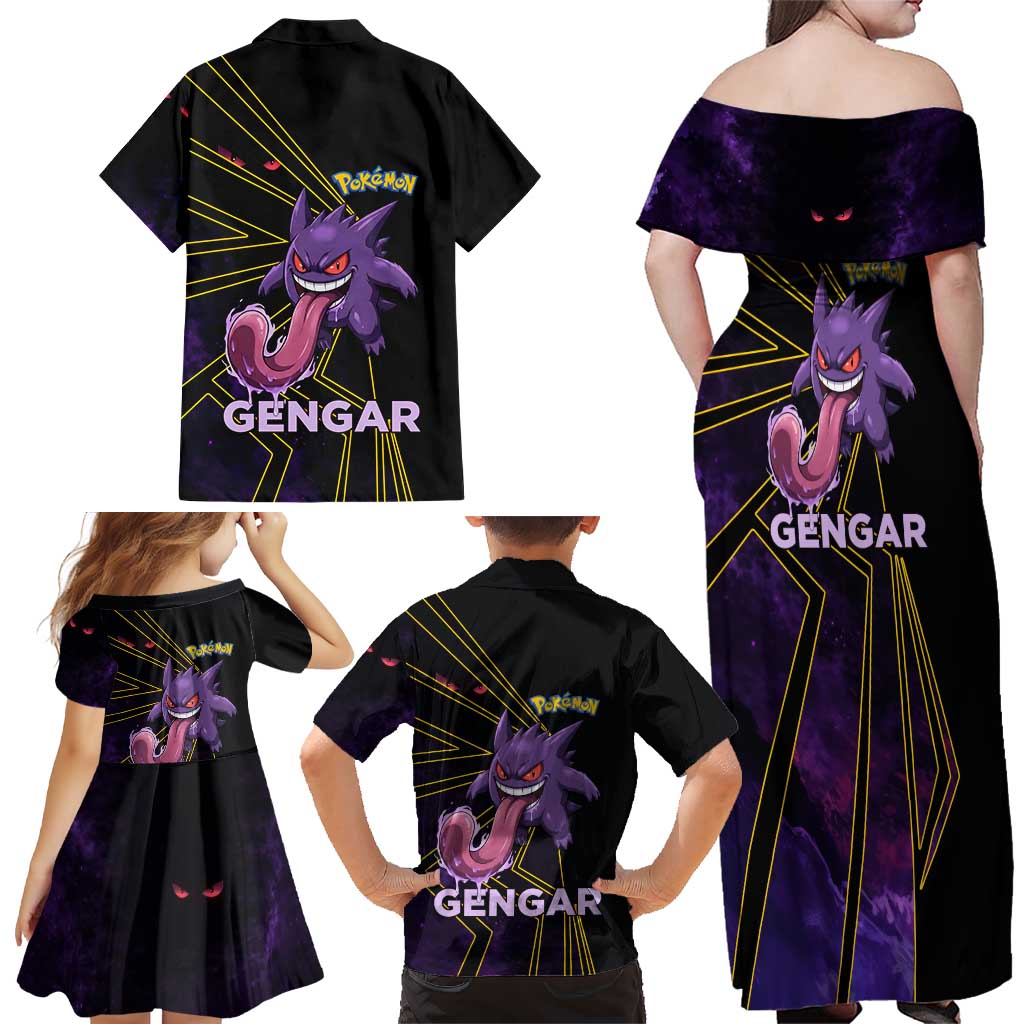 Gengar Poké Family Matching Off Shoulder Maxi Dress and Hawaiian Shirt Neon Shadow Comic Style