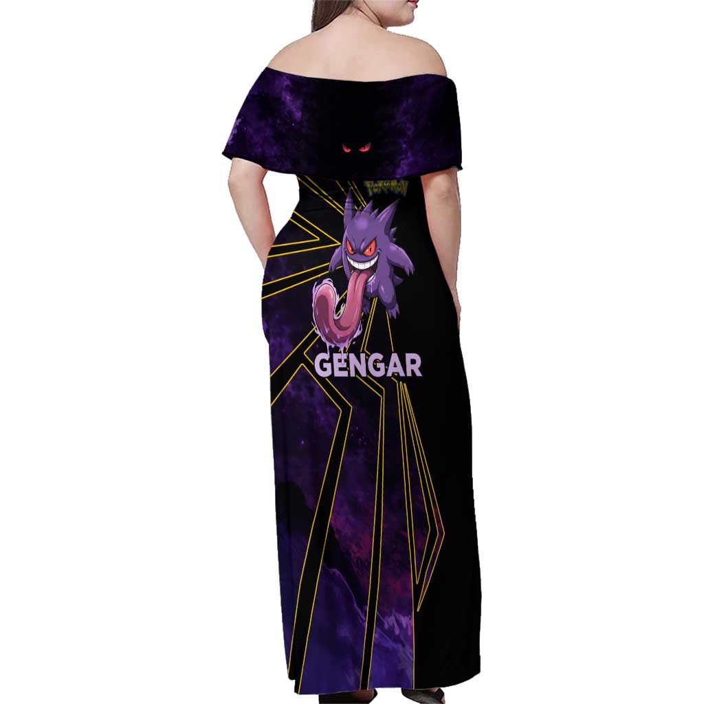 Gengar Poké Family Matching Off Shoulder Maxi Dress and Hawaiian Shirt Neon Shadow Comic Style