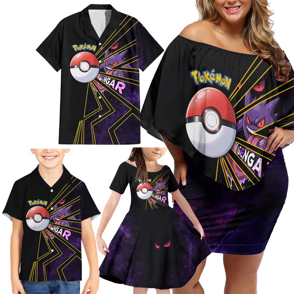 Gengar Poké Family Matching Off Shoulder Short Dress and Hawaiian Shirt Neon Shadow Comic Style