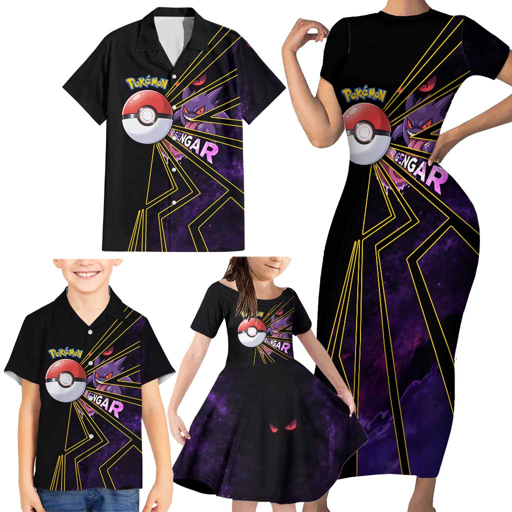 Gengar Poké Family Matching Short Sleeve Bodycon Dress and Hawaiian Shirt Neon Shadow Comic Style