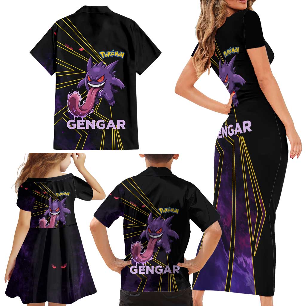 Gengar Poké Family Matching Short Sleeve Bodycon Dress and Hawaiian Shirt Neon Shadow Comic Style