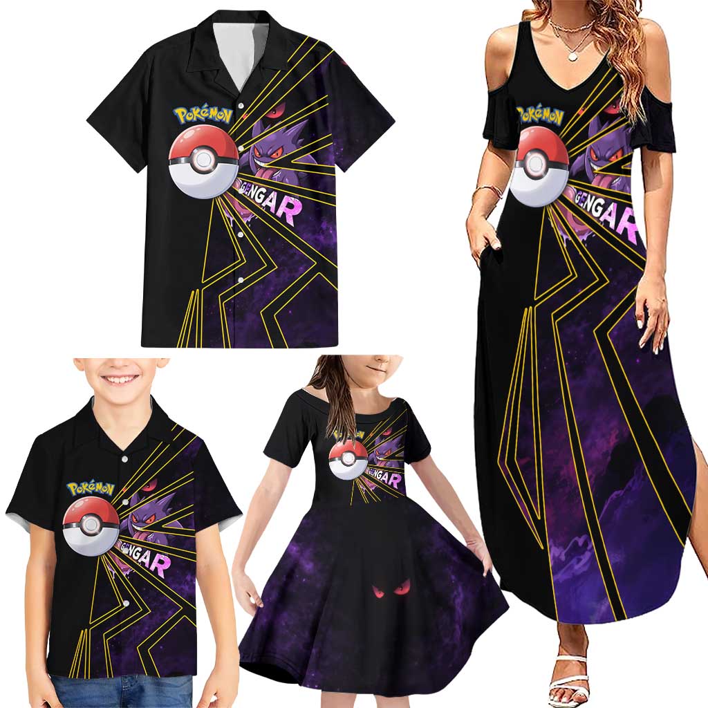 Gengar Poké Family Matching Summer Maxi Dress and Hawaiian Shirt Neon Shadow Comic Style