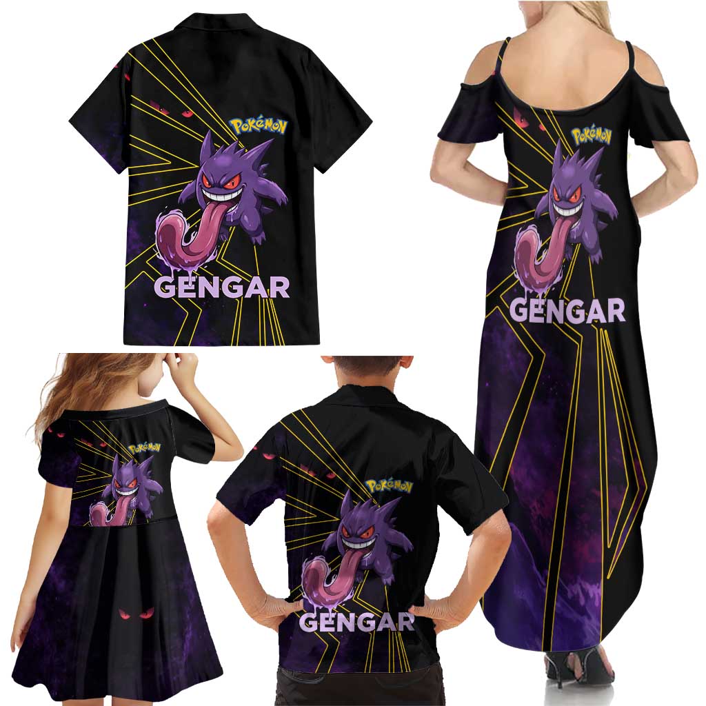 Gengar Poké Family Matching Summer Maxi Dress and Hawaiian Shirt Neon Shadow Comic Style