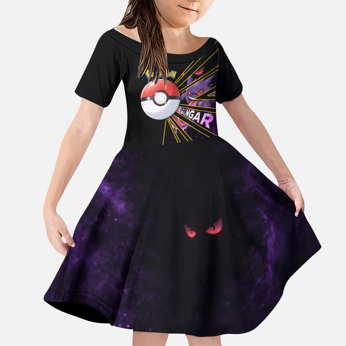 Gengar Poké Kid Short Sleeve Dress Neon Shadow Comic Style