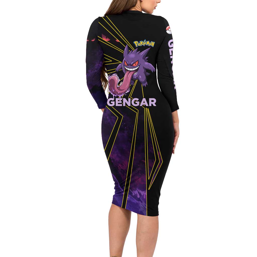 Gengar Poké Long Sleeve Bodycon Dress Neon Shadow Comic Style