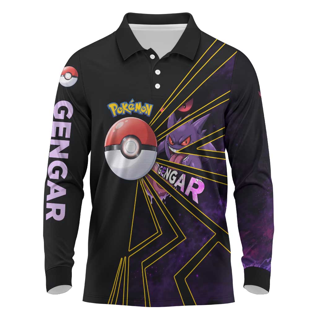 Gengar Poké Long Sleeve Polo Shirt Neon Shadow Comic Style