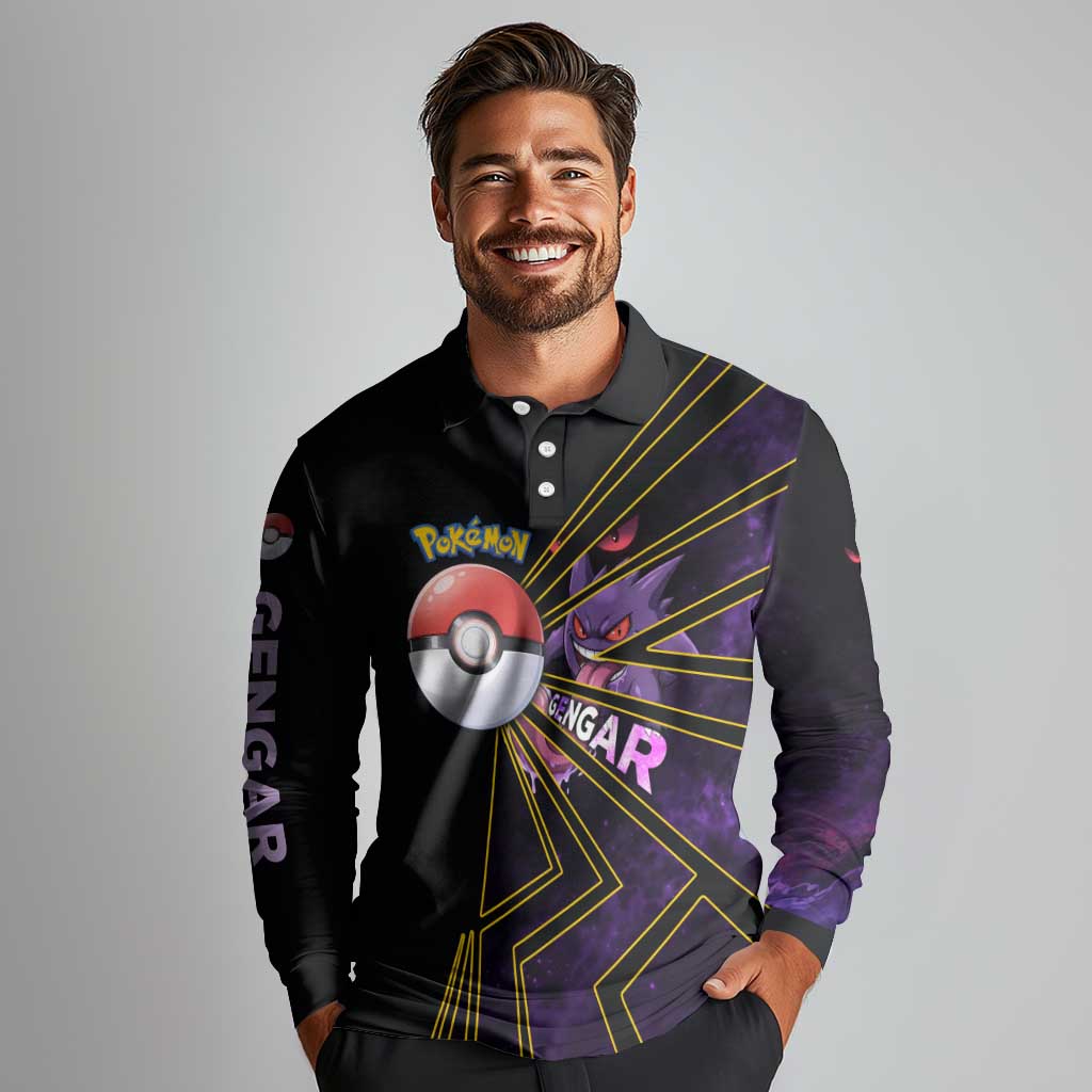 Gengar Poké Long Sleeve Polo Shirt Neon Shadow Comic Style