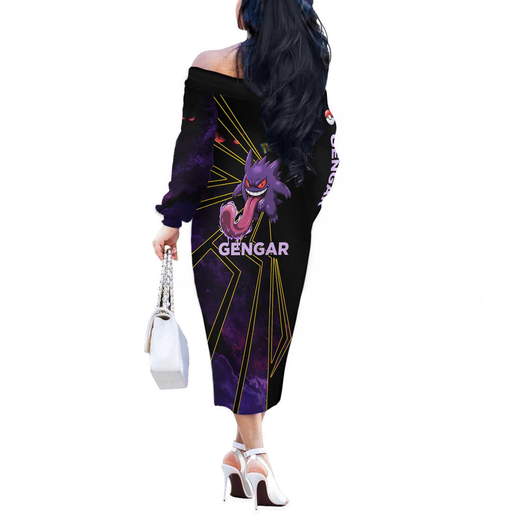 Gengar Poké Off The Shoulder Long Sleeve Dress Neon Shadow Comic Style