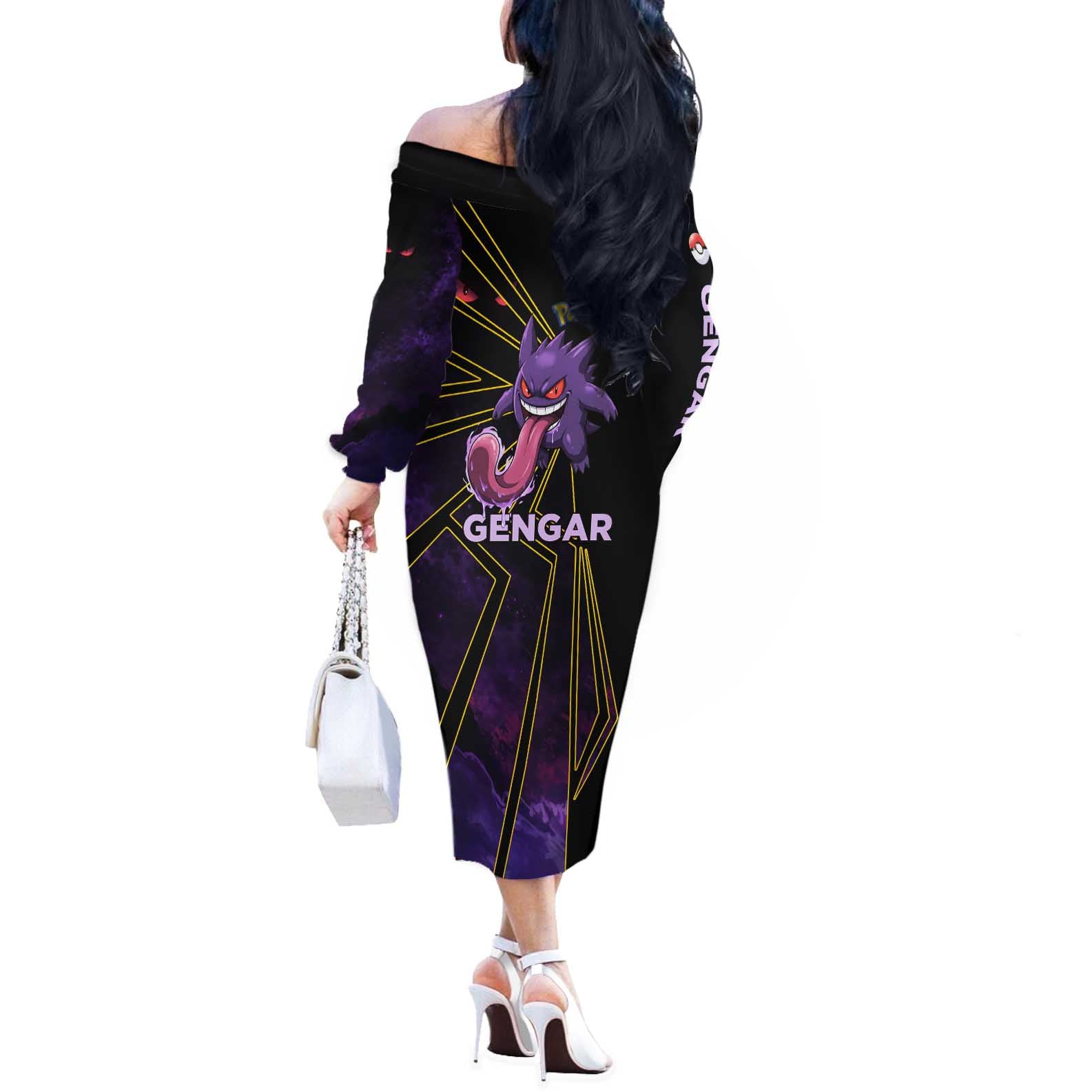 Gengar Poké Off The Shoulder Long Sleeve Dress Neon Shadow Comic Style