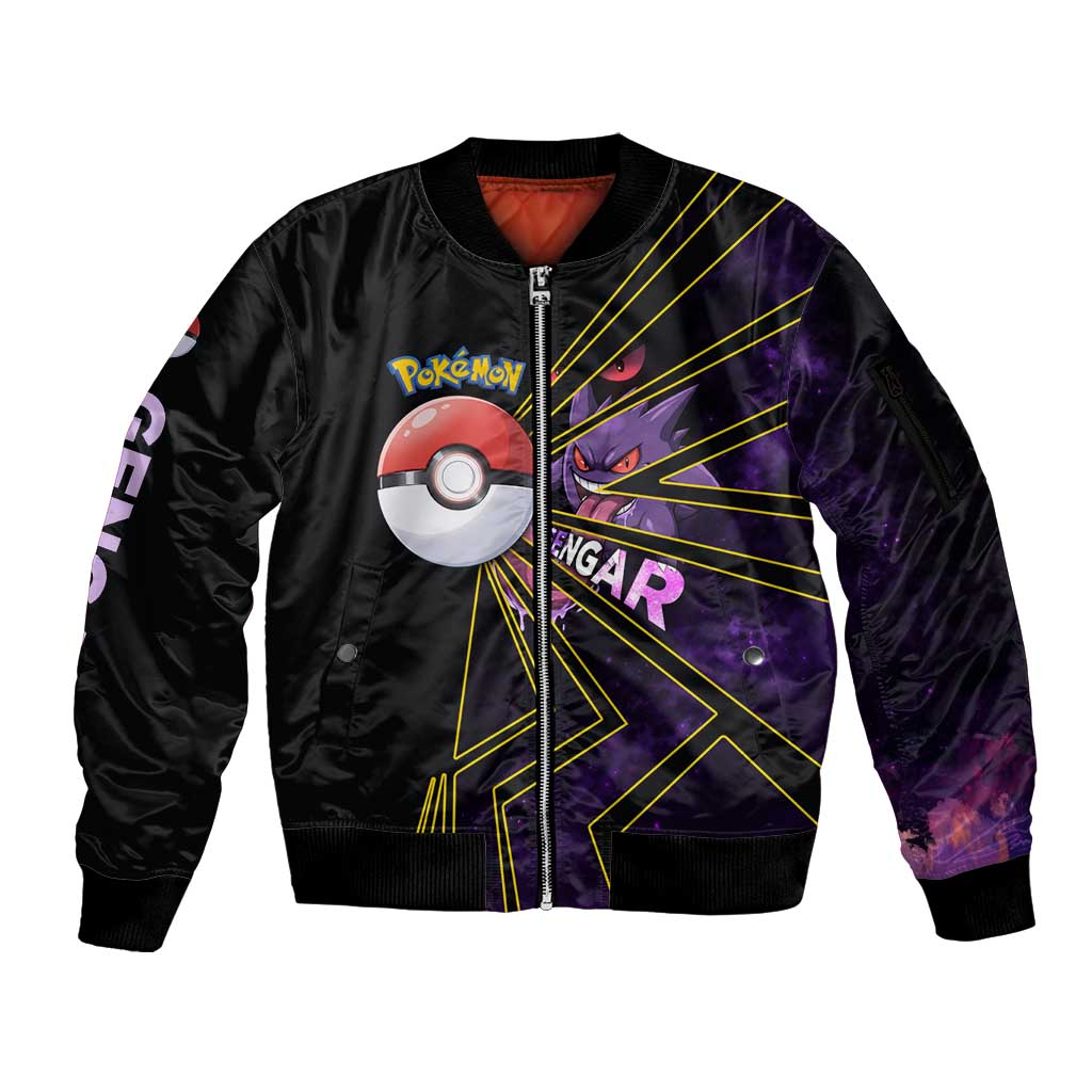 Gengar Poké Sleeve Zip Bomber Jacket Neon Shadow Comic Style