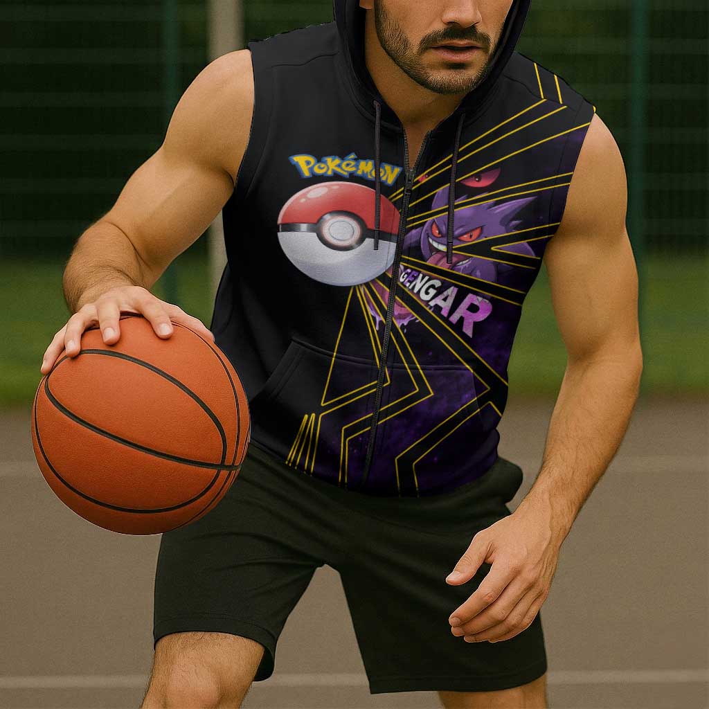 Gengar Poké Sleeveless Zip Hoodie Neon Shadow Comic Style