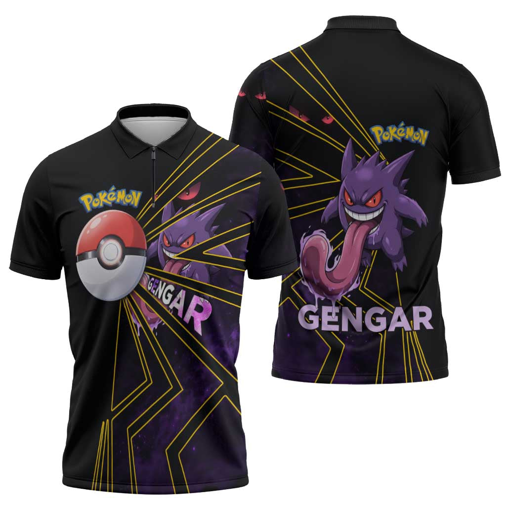 Gengar Poké Zipper Polo Shirt Neon Shadow Comic Style