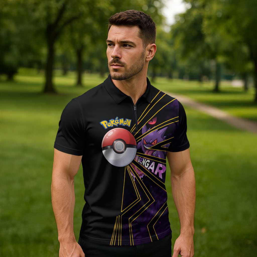 Gengar Poké Zipper Polo Shirt Neon Shadow Comic Style