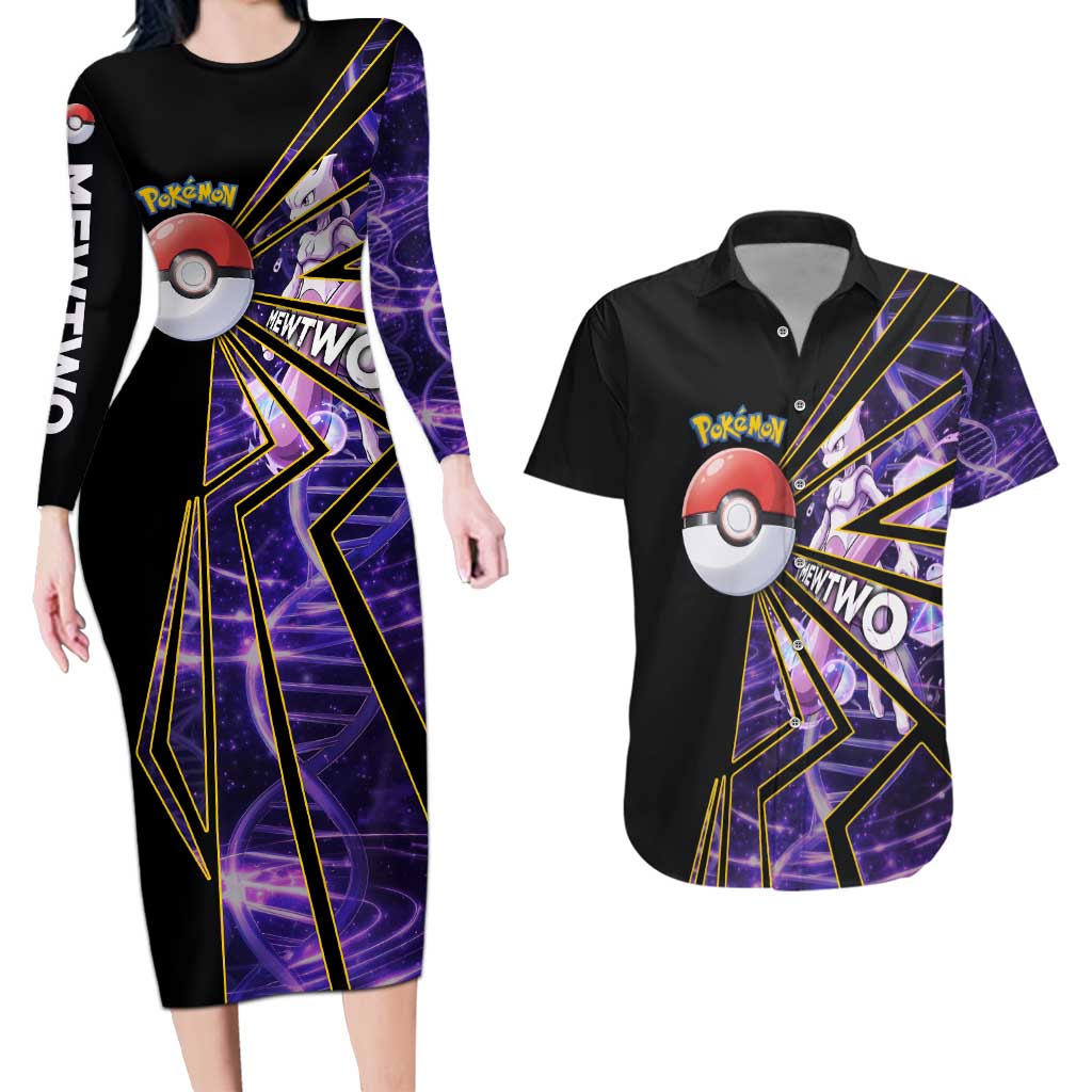 Mewtwo Poké Couples Matching Long Sleeve Bodycon Dress and Hawaiian Shirt Psychic DNA Comic Style