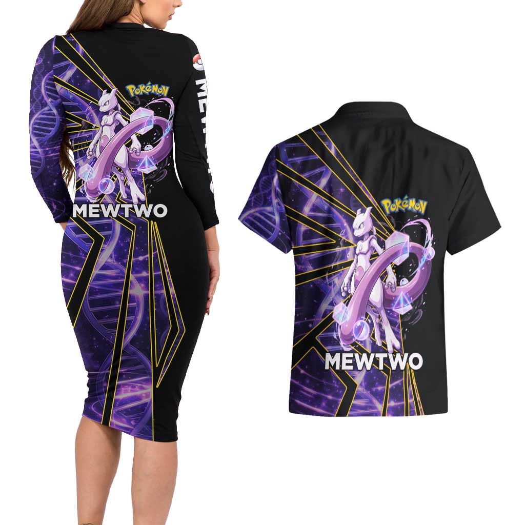 Mewtwo Poké Couples Matching Long Sleeve Bodycon Dress and Hawaiian Shirt Psychic DNA Comic Style