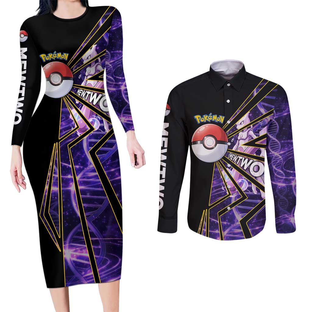 Mewtwo Poké Couples Matching Long Sleeve Bodycon Dress and Long Sleeve Button Shirt Psychic DNA Comic Style