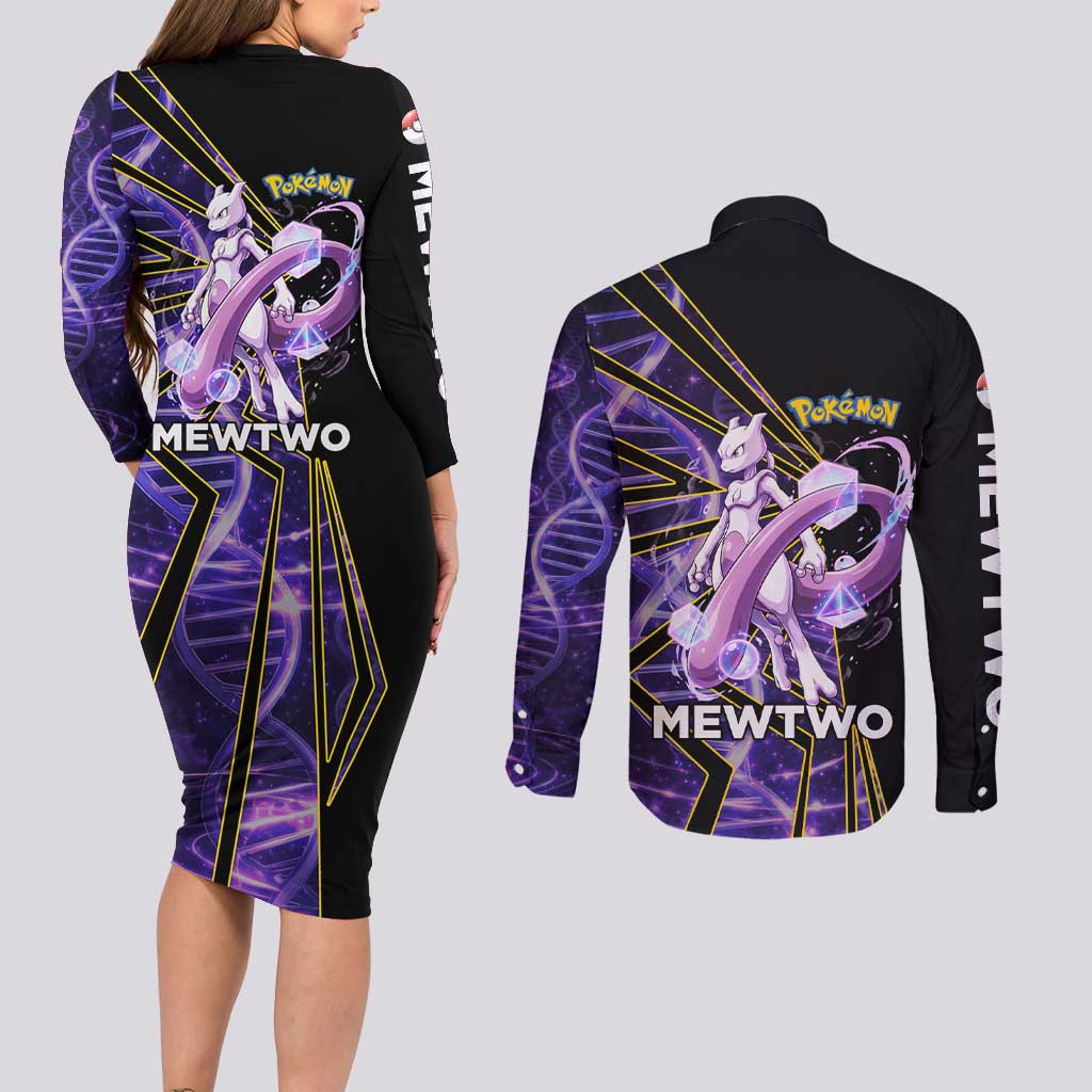 Mewtwo Poké Couples Matching Long Sleeve Bodycon Dress and Long Sleeve Button Shirt Psychic DNA Comic Style