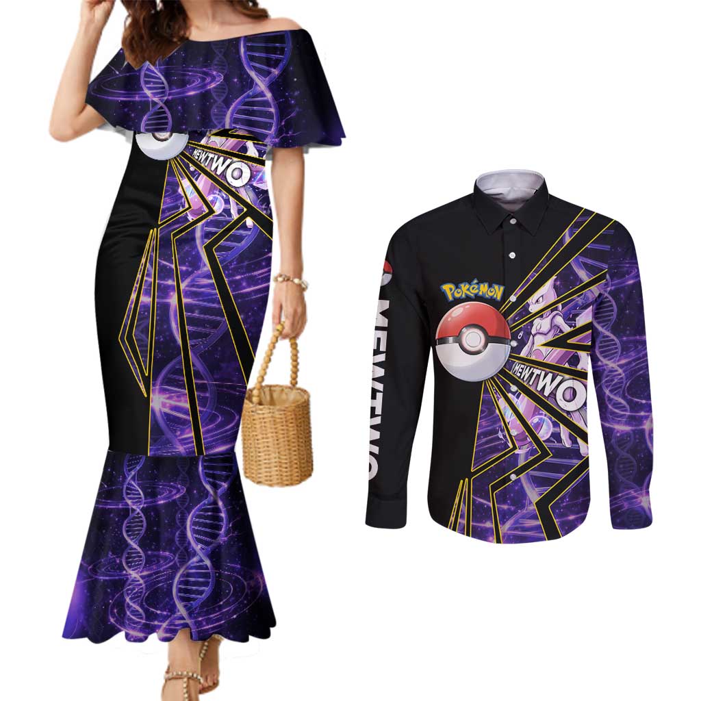 Mewtwo Poké Couples Matching Mermaid Dress and Long Sleeve Button Shirt Psychic DNA Comic Style