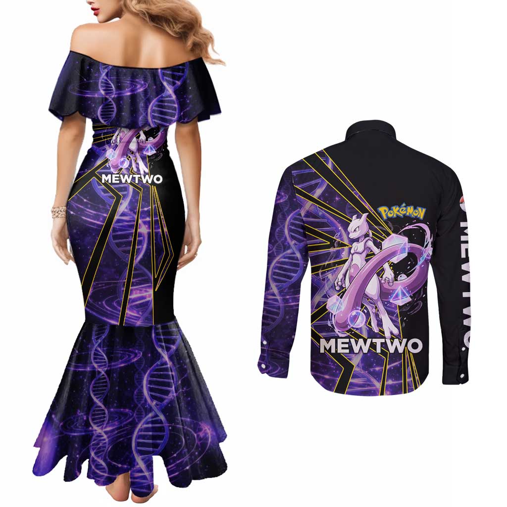 Mewtwo Poké Couples Matching Mermaid Dress and Long Sleeve Button Shirt Psychic DNA Comic Style