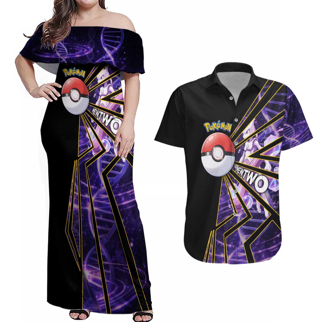 Mewtwo Poké Couples Matching Off Shoulder Maxi Dress and Hawaiian Shirt Psychic DNA Comic Style