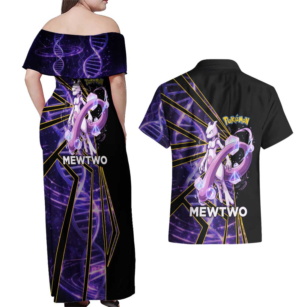 Mewtwo Poké Couples Matching Off Shoulder Maxi Dress and Hawaiian Shirt Psychic DNA Comic Style