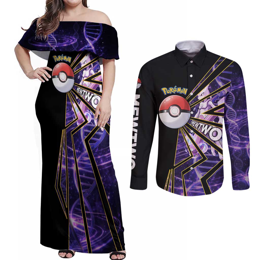 Mewtwo Poké Couples Matching Off Shoulder Maxi Dress and Long Sleeve Button Shirt Psychic DNA Comic Style