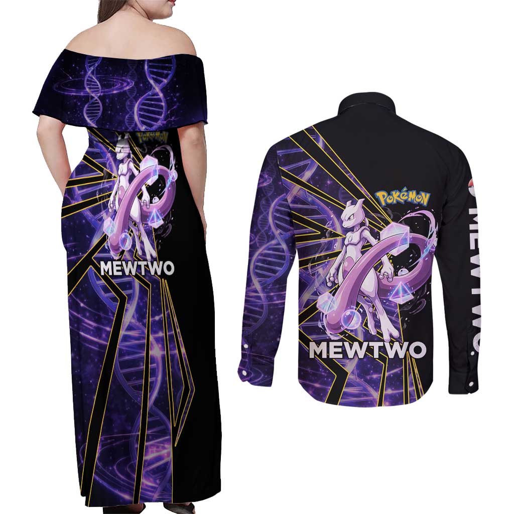 Mewtwo Poké Couples Matching Off Shoulder Maxi Dress and Long Sleeve Button Shirt Psychic DNA Comic Style