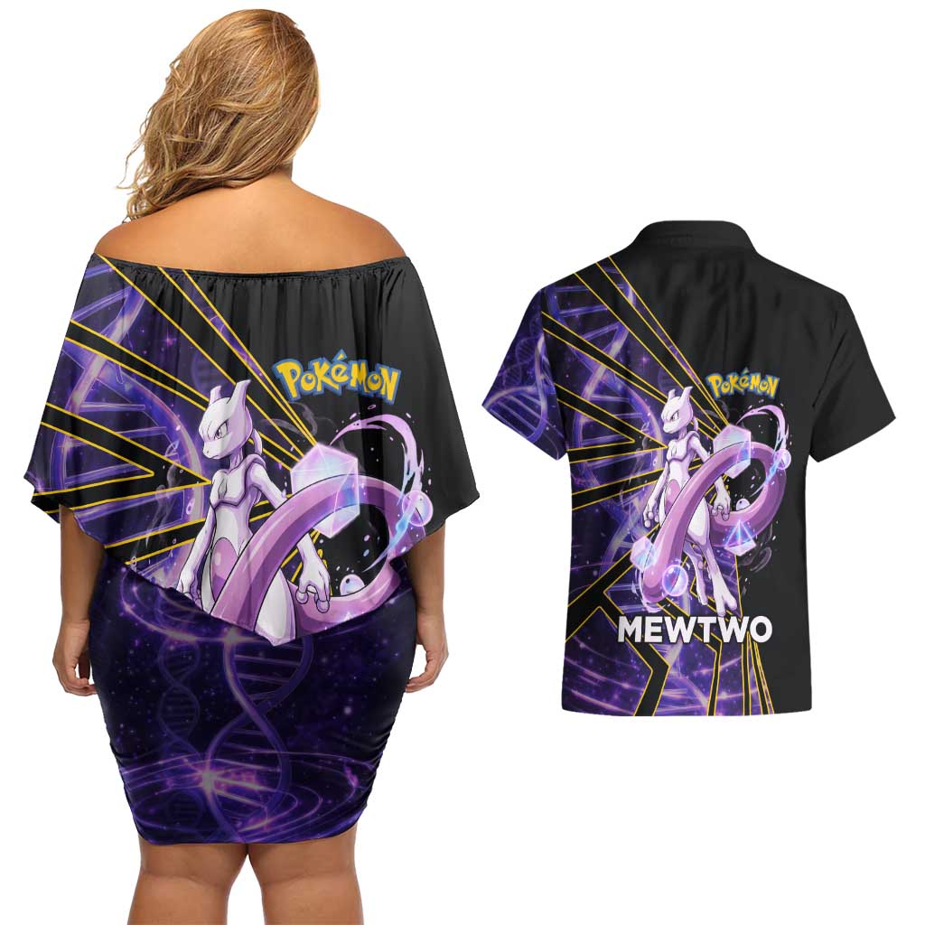 Mewtwo Poké Couples Matching Off Shoulder Short Dress and Hawaiian Shirt Psychic DNA Comic Style