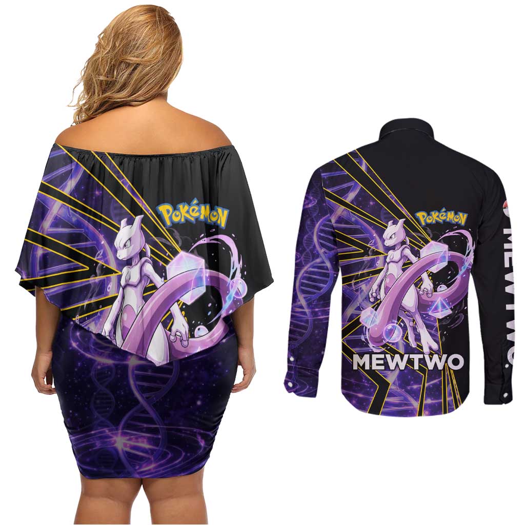 Mewtwo Poké Couples Matching Off Shoulder Short Dress and Long Sleeve Button Shirt Psychic DNA Comic Style