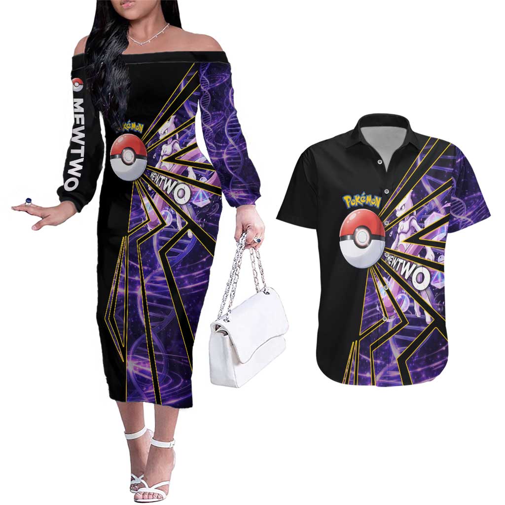 Mewtwo Poké Couples Matching Off The Shoulder Long Sleeve Dress and Hawaiian Shirt Psychic DNA Comic Style