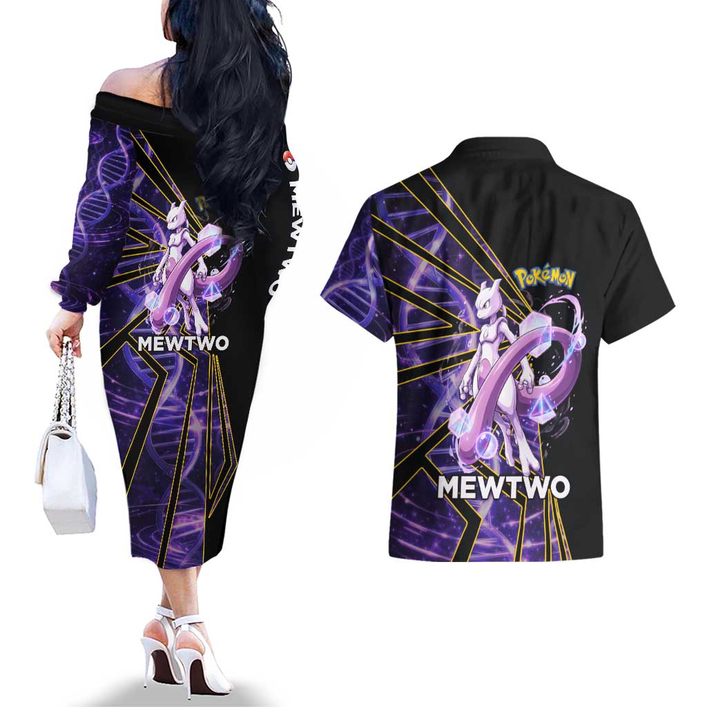Mewtwo Poké Couples Matching Off The Shoulder Long Sleeve Dress and Hawaiian Shirt Psychic DNA Comic Style