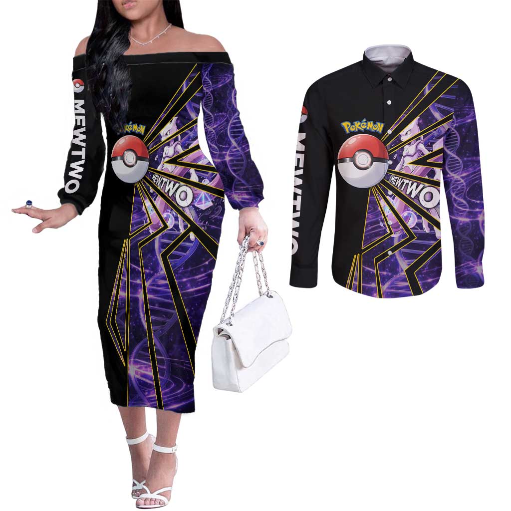 Mewtwo Poké Couples Matching Off The Shoulder Long Sleeve Dress and Long Sleeve Button Shirt Psychic DNA Comic Style