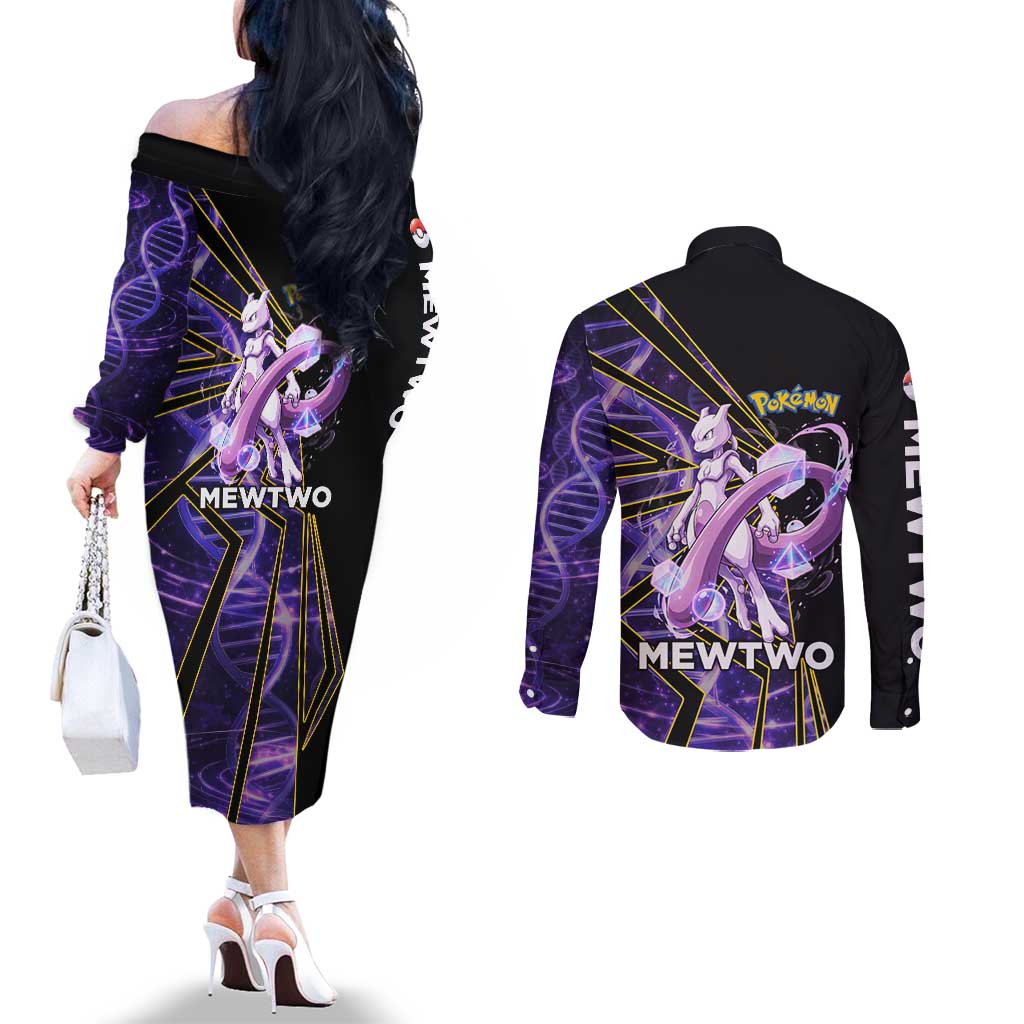 Mewtwo Poké Couples Matching Off The Shoulder Long Sleeve Dress and Long Sleeve Button Shirt Psychic DNA Comic Style