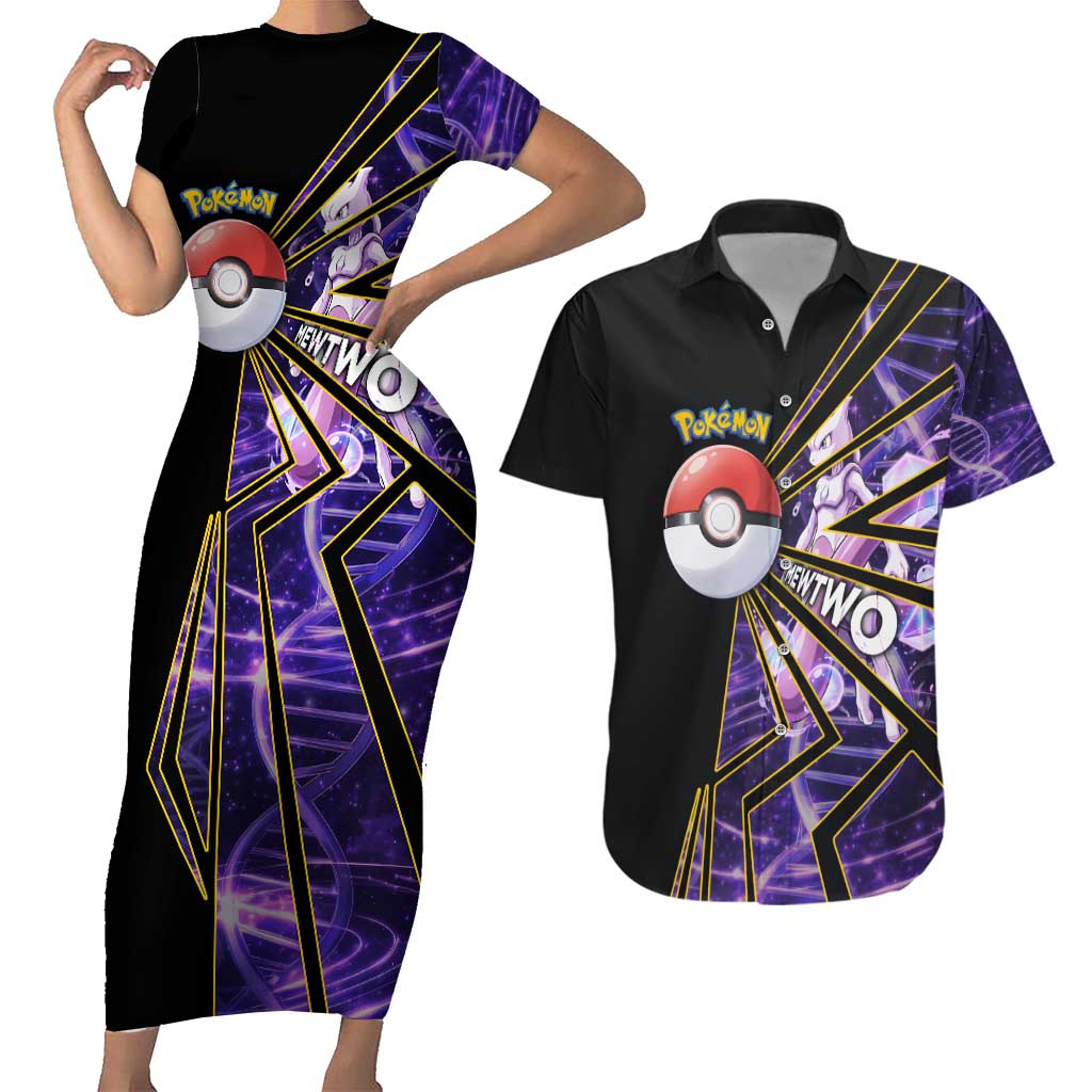 Mewtwo Poké Couples Matching Short Sleeve Bodycon Dress and Hawaiian Shirt Psychic DNA Comic Style