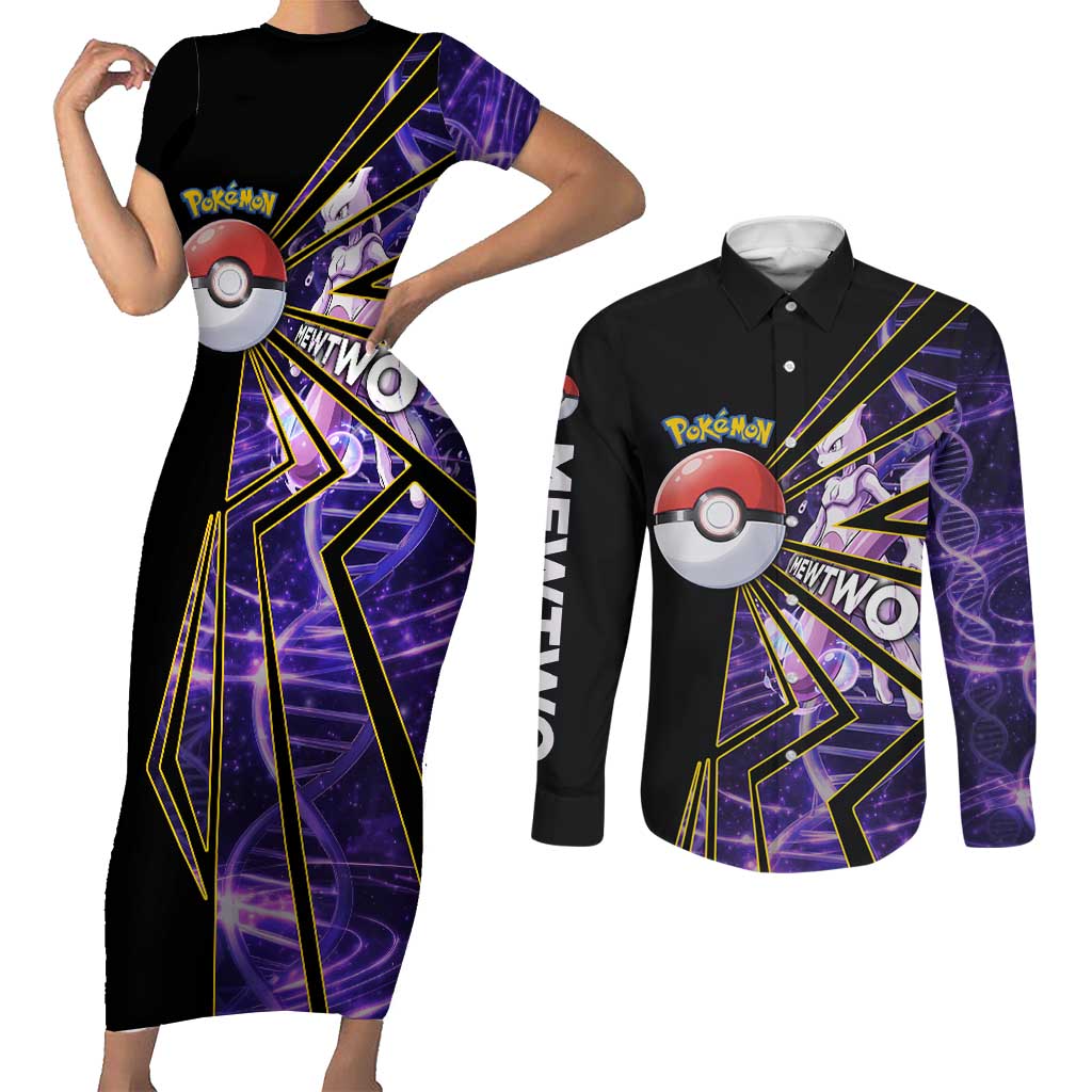 Mewtwo Poké Couples Matching Short Sleeve Bodycon Dress and Long Sleeve Button Shirt Psychic DNA Comic Style