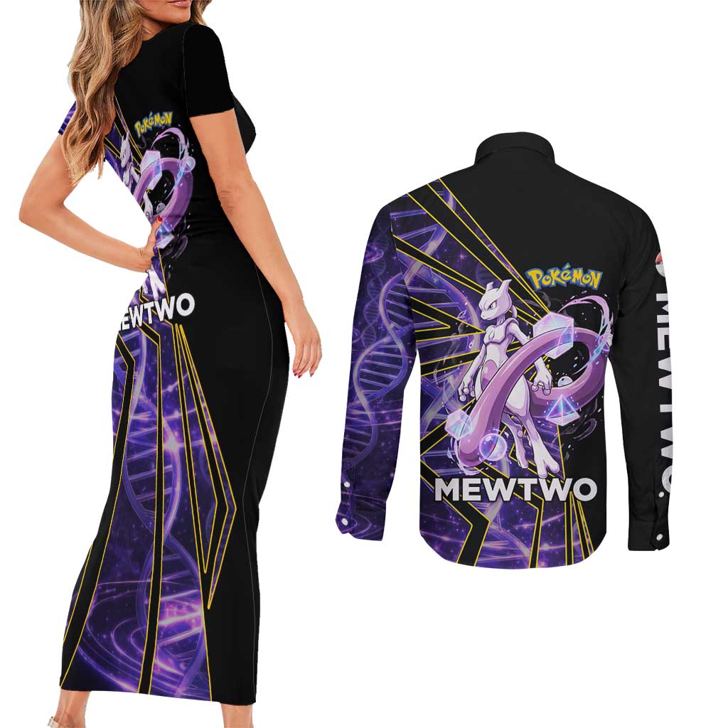Mewtwo Poké Couples Matching Short Sleeve Bodycon Dress and Long Sleeve Button Shirt Psychic DNA Comic Style