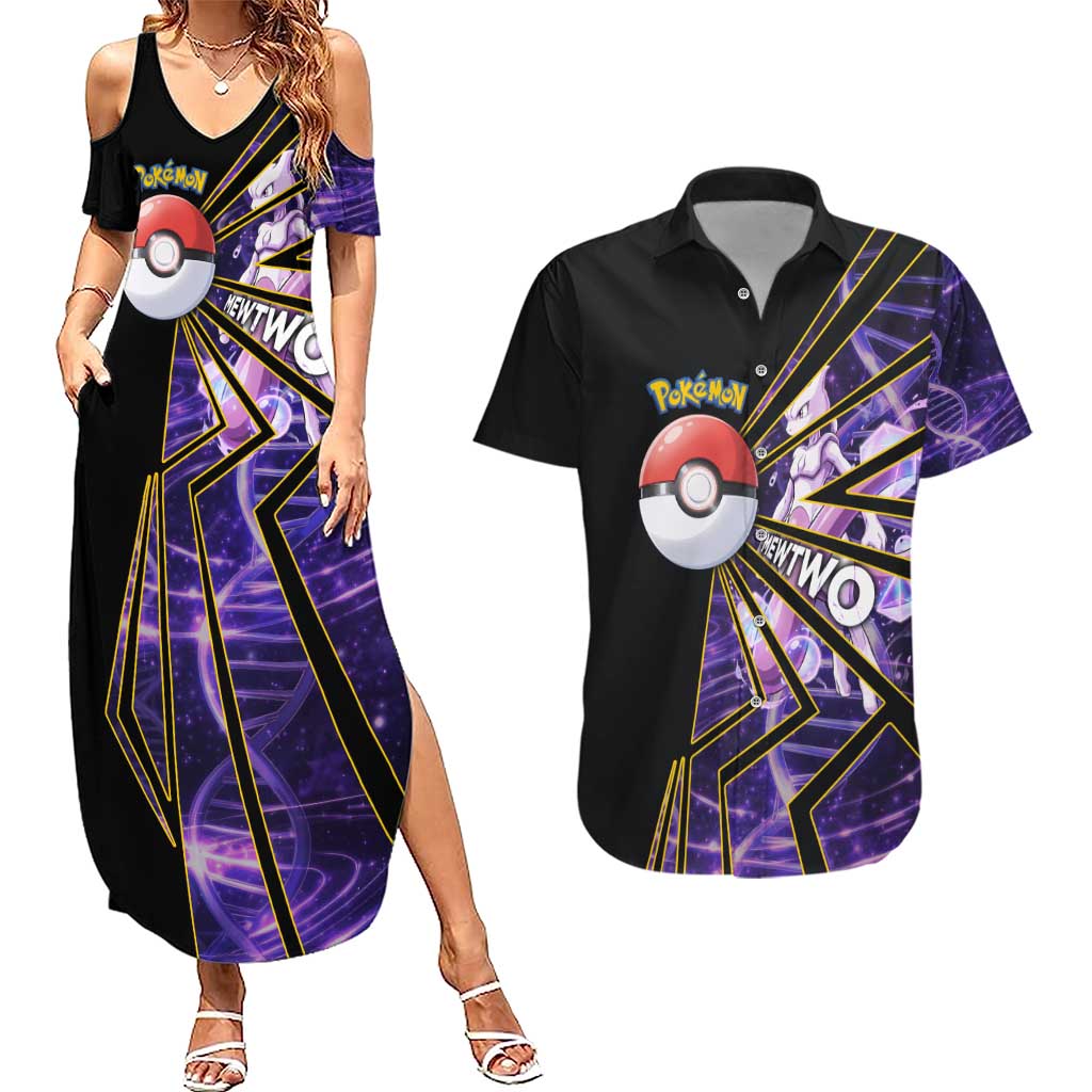 Mewtwo Poké Couples Matching Summer Maxi Dress and Hawaiian Shirt Psychic DNA Comic Style
