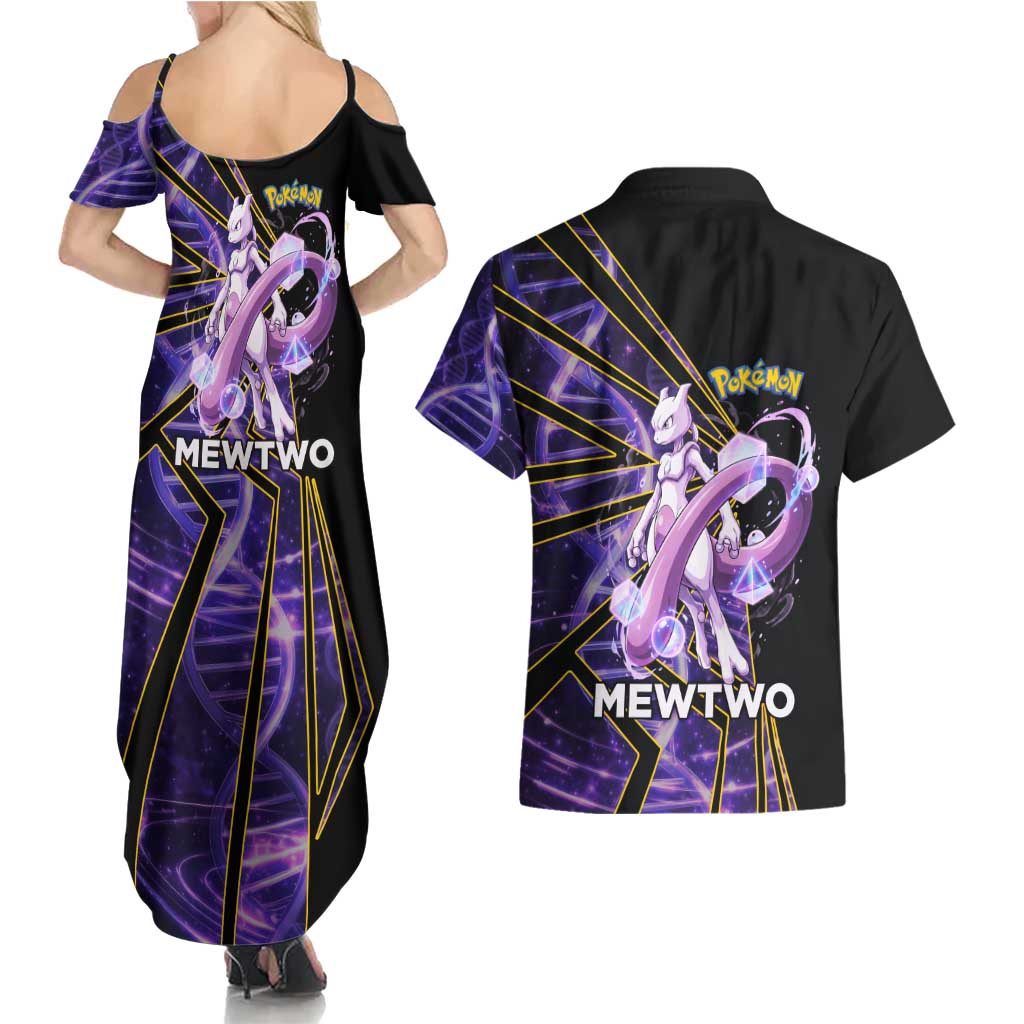 Mewtwo Poké Couples Matching Summer Maxi Dress and Hawaiian Shirt Psychic DNA Comic Style