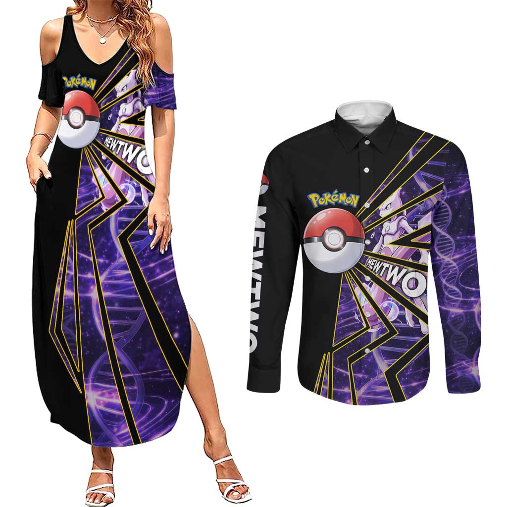 Mewtwo Poké Couples Matching Summer Maxi Dress and Long Sleeve Button Shirt Psychic DNA Comic Style
